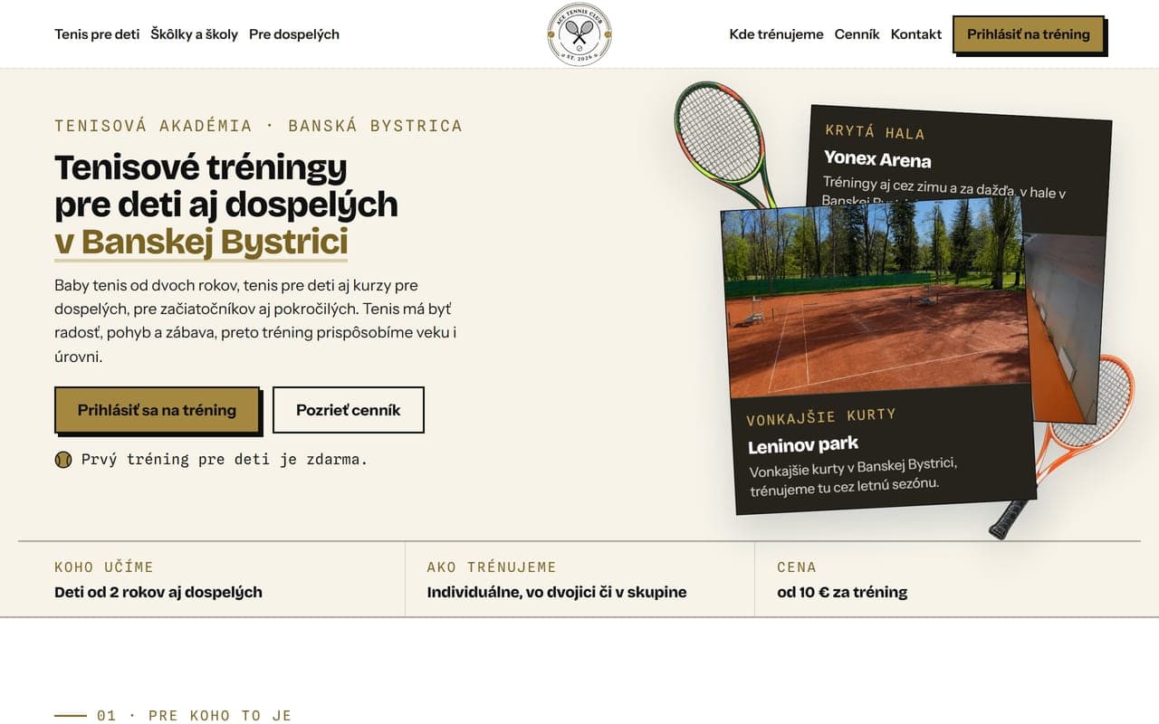 Náhľad webu ACE Tennis Club na počítači