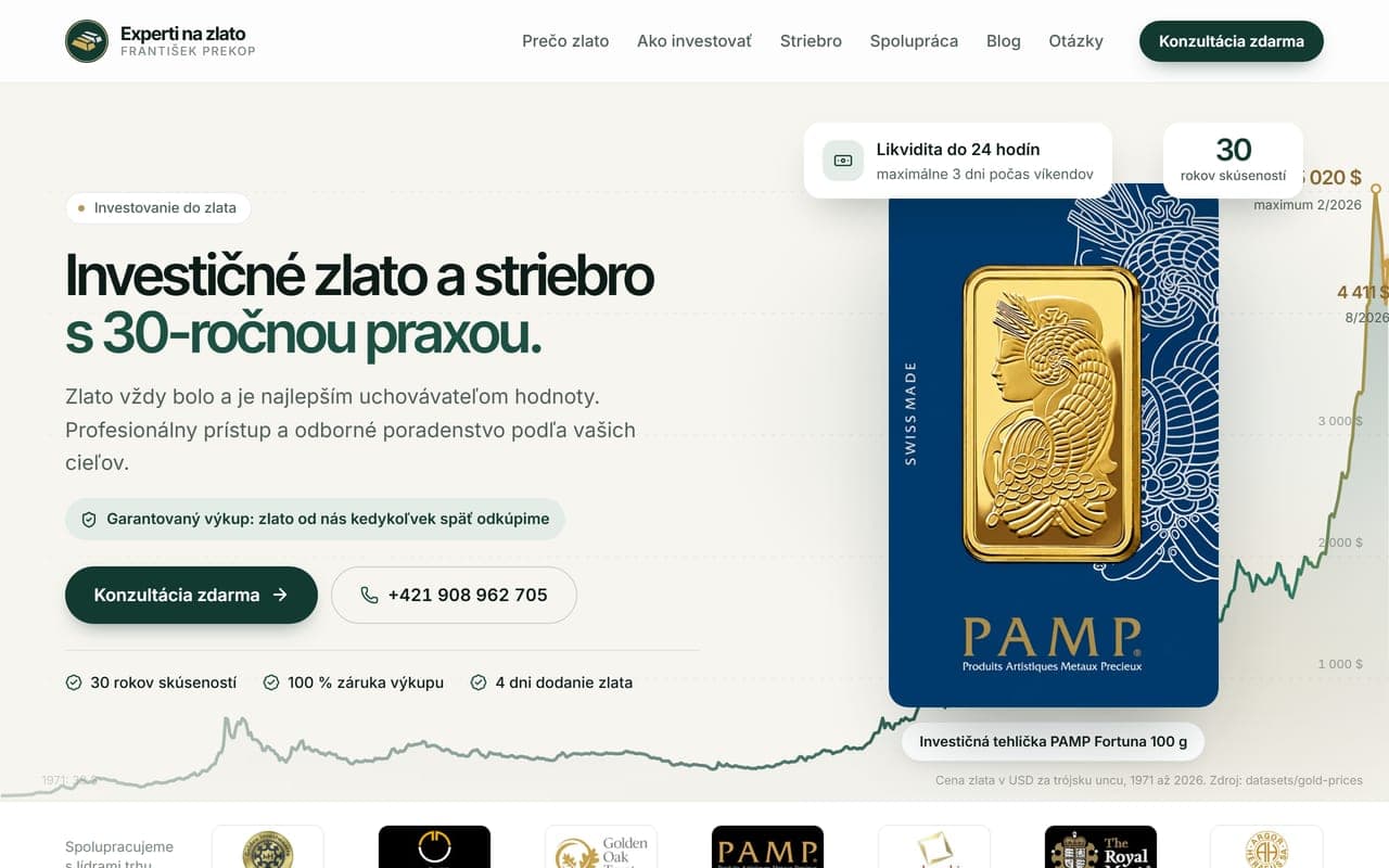 Náhľad webu Experti na zlato na počítači
