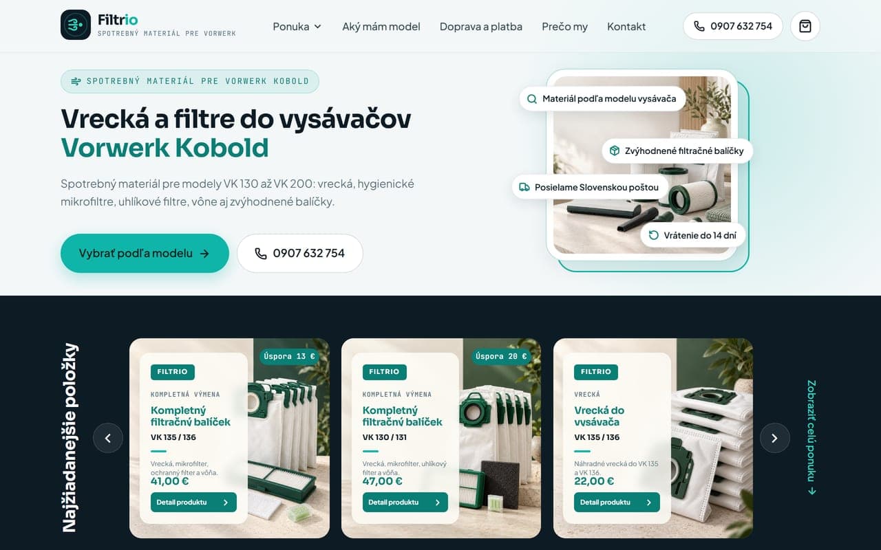 Náhľad webu Filtrio na počítači