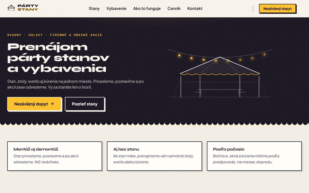 Náhľad webu Párty Stany na počítači
